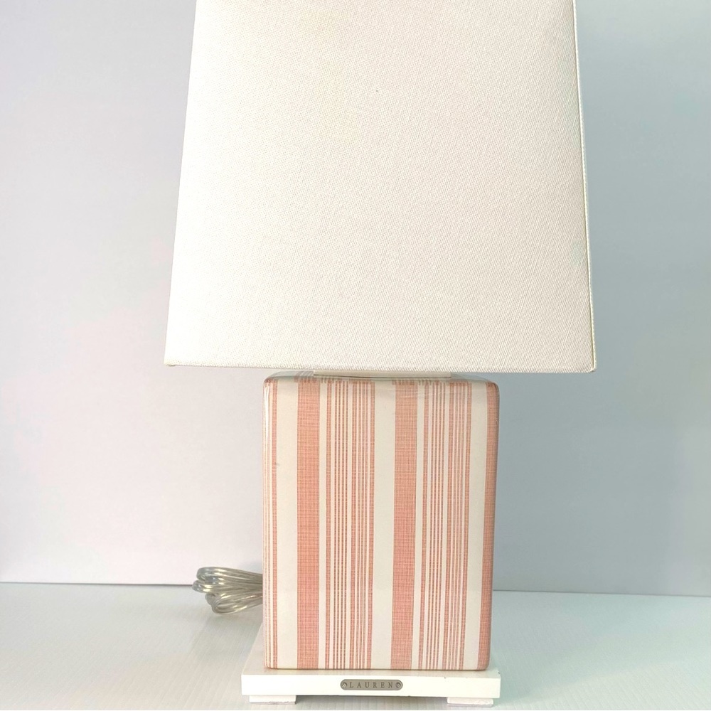 Ralph Lauren Squared Table Lamp, Pink & White Vertical Woven Stripes Hom… - Picture 1 of 11